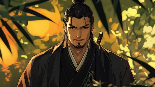 Stoic samurai warrior in sunlit bamboo grove portrait.