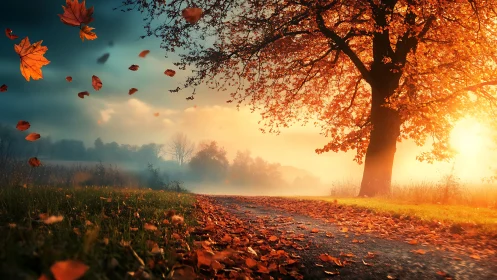 Autumn sunrise tree over misty path with drifting leaves.