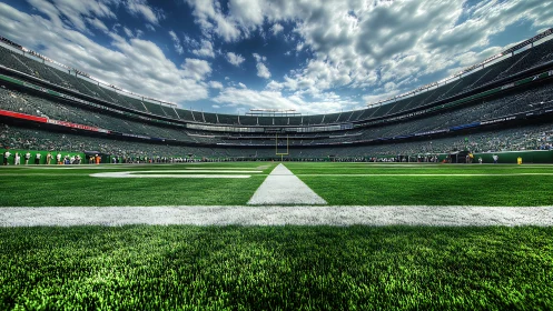 Wide-angle view shows empty football stadium field surface