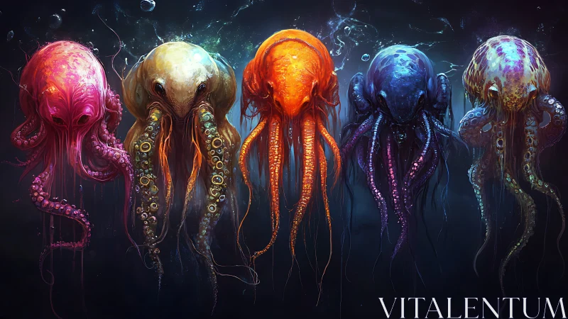 Bioluminescent alien jellyfish drift in a dark cosmic sea