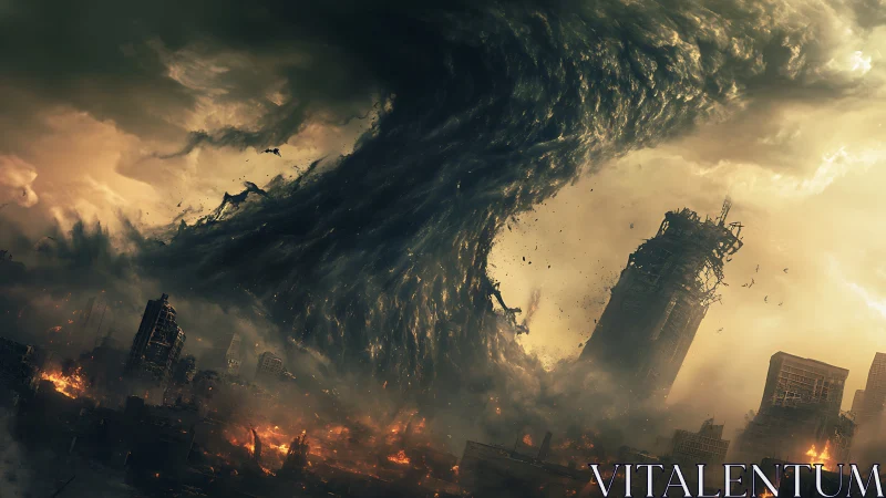 Storm-twisted city swallowed by a towering vortex of firestorm.