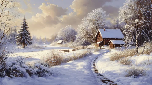 Snow-covered rural cabin along winding winter path.