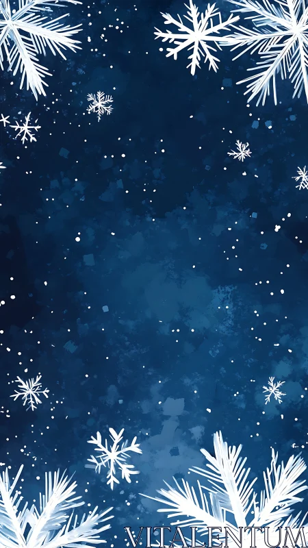 Snowflake confetti drifting across inky winter midnight blue.