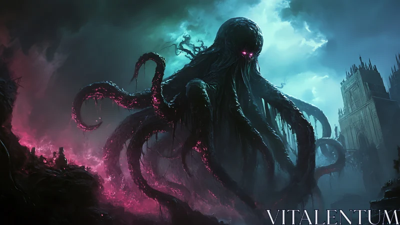 Eldritch leviathan towers over ruined cathedral cityscape.