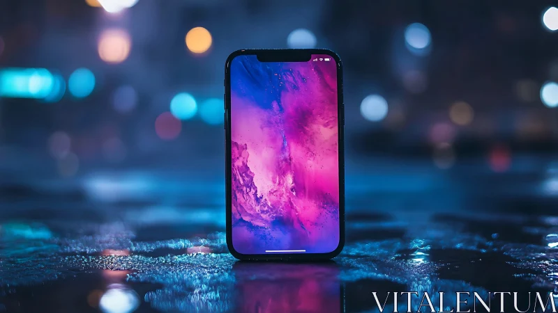 Neon midnight smartphone portal on rain glazed street.