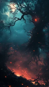 Twisted sentient tree looms over molten forest floor in eerie glow