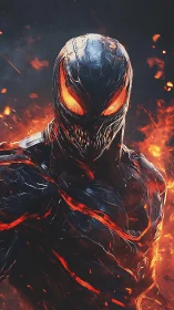 Armored humanoid figure with molten lava accents in flames.