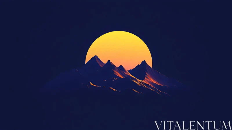 Radiant sun disc silhouettes stylized neon-lit mountain peaks