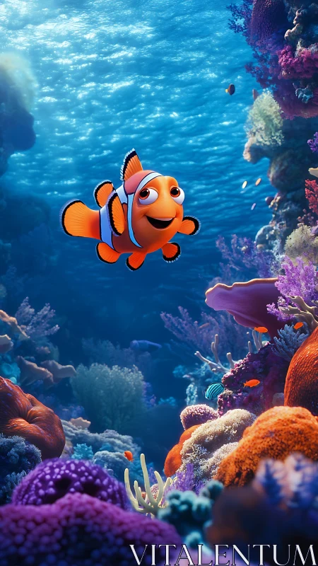 Playful clownfish gliding through a sunlit coral garden.