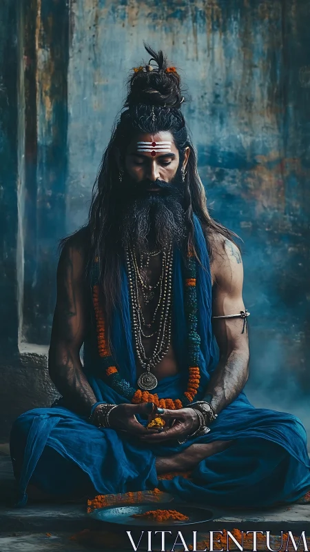 Ascetic yogi in saturated cyan robes, ritual focus rendered precisely.