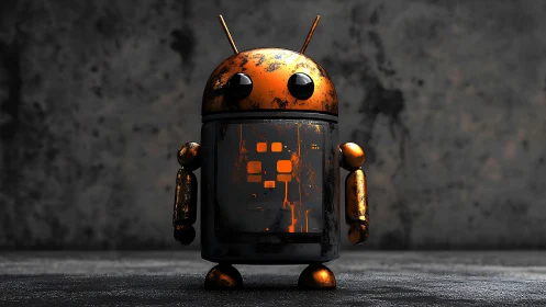 Corroded orange service droid with exposed HUD core display.