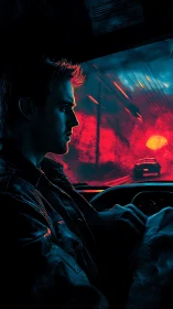 Neon dusk driver framed by blazing red horizon glow.