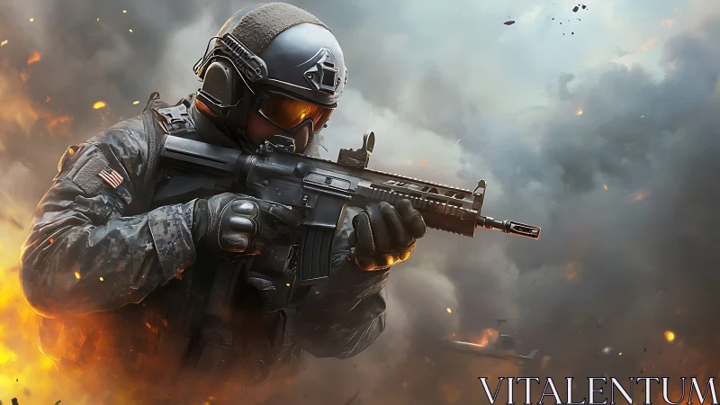 Smoke-scarred battlefield crowns a lone tactical gunner