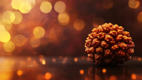 Macro dessert sphere under warm cinematic bokeh lighting.