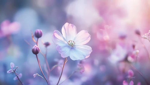 Delicate White Cosmos Flower with Blurred Pink Background.