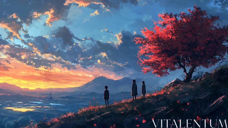 Children observe sunset valley beneath red autumn tree.
