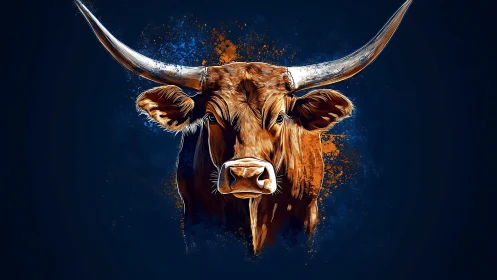 Longhorn bull portrait framed by blue and orange splashes