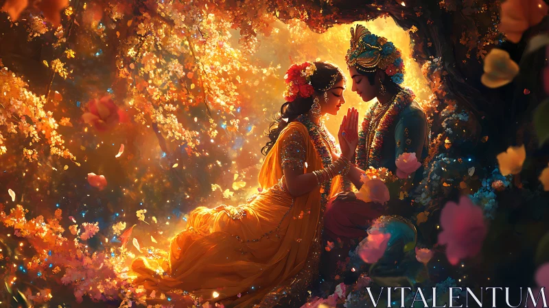 Radiant Indian Wedding Encounter Amid Golden Fire and Blooms.