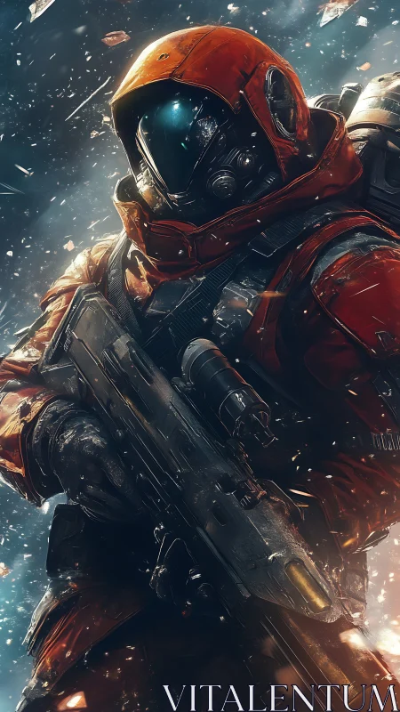 Armored space soldier grips rifle amid flying debris