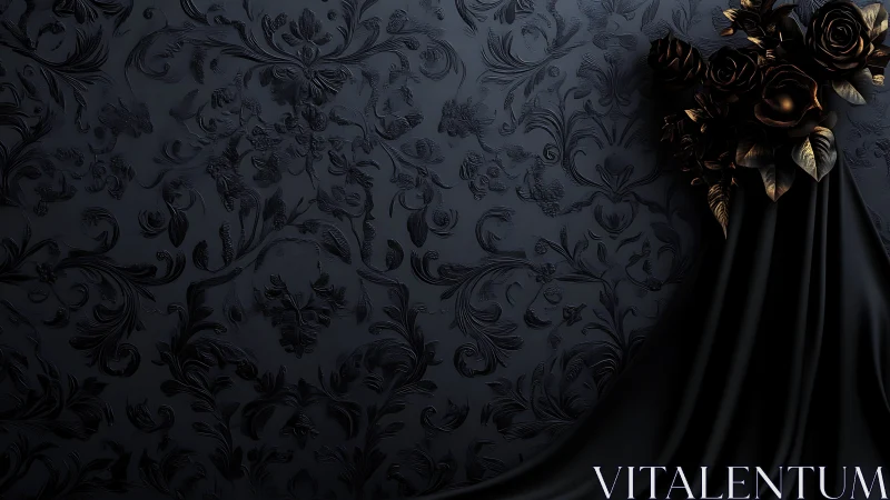 Baroque black floral relief with metallic roses and draped satin.