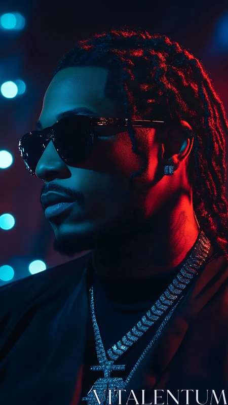 Neon-lit hip hop portrait in red blue split lighting profile