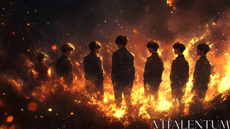 Silhouetted group of figures within surrounding orange flames.