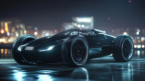 Sleek electric concept car under neon city night rain.