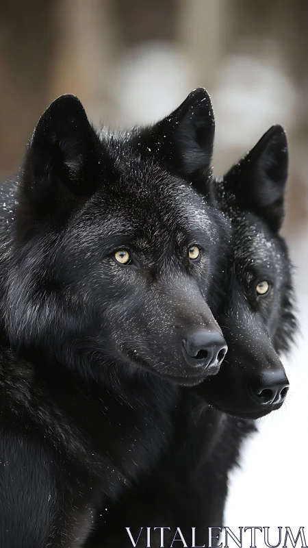 High-detail close-up portrait of two black wolves in snow