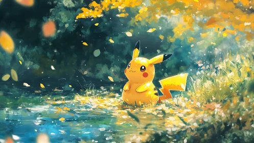 Pikachu sitting by a pond under falling golden leaves.