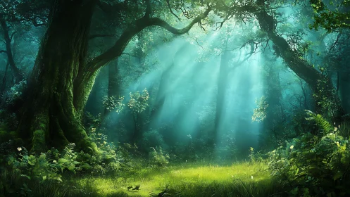 Enchanted Forest Clearing with Celestial Light Rays.