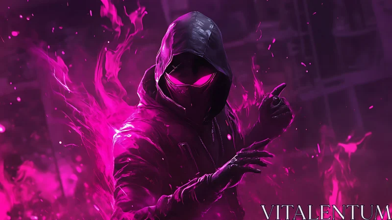 Hooded cyber rogue commands neon flames in urban haze