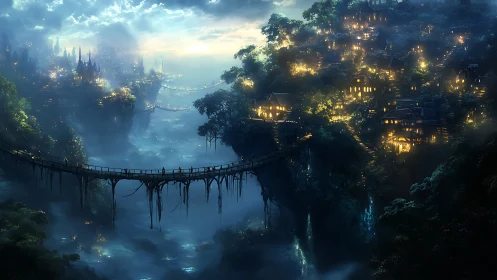 Fantasy cliffside villages connected by bridges at night