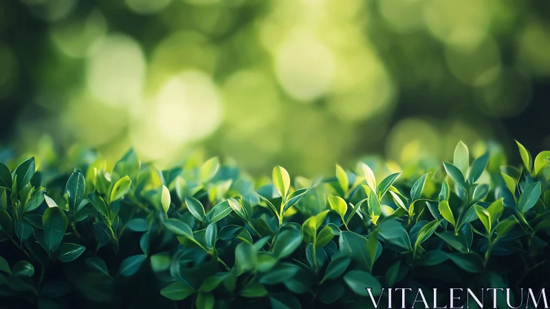 Sunlit hedge leaves glow softly against dreamy green bokeh.