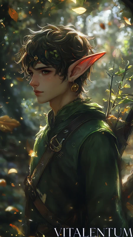 Young forest elf ranger stands in golden woodland light