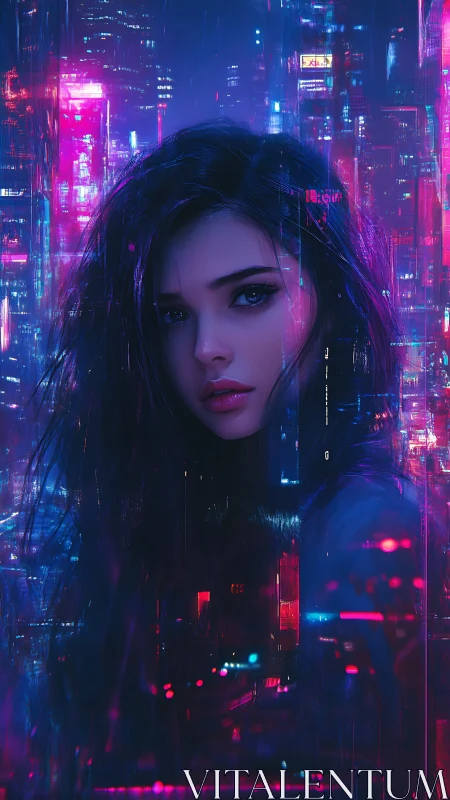 Cyberpunk portrait with neon glitch architecture composition.