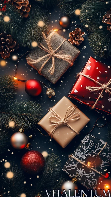 Photorealistic Christmas flatlay with gifts and evergreen accents.