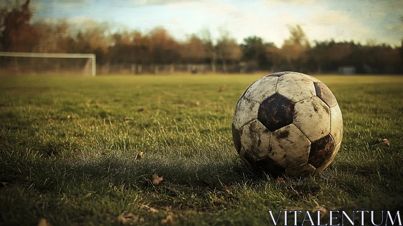 Weathered soccer ball resting on a quiet autumn field.