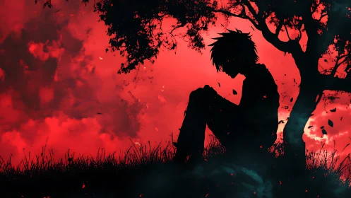 Silhouetted lone figure under trees in intense red sky.