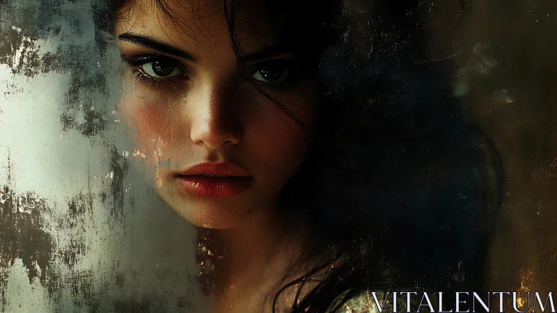 Storm-eyed muse behind worn glass, half in shadowed hush.