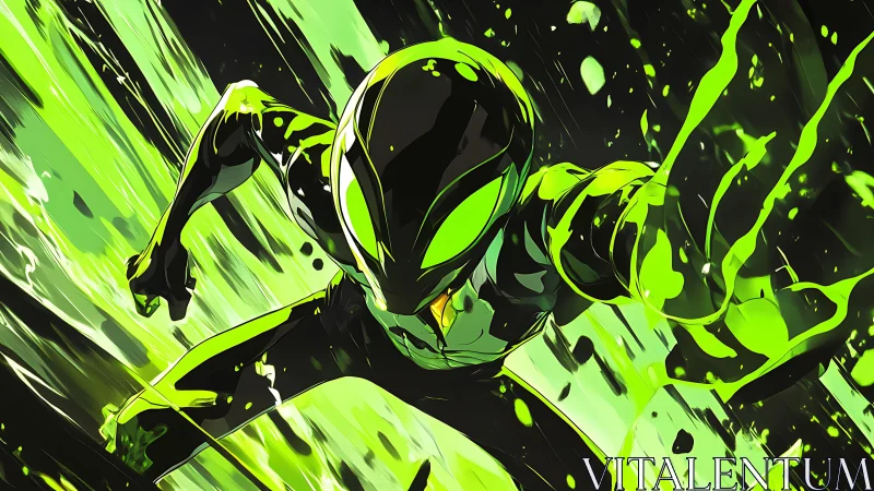 Neon cyber hero dives through explosive green energy