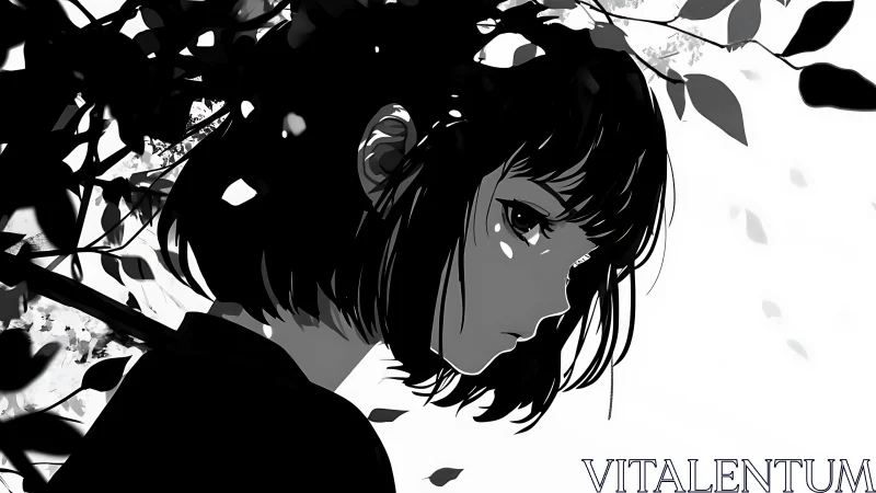 High contrast monochrome anime portrait integrates silhouetted foliage