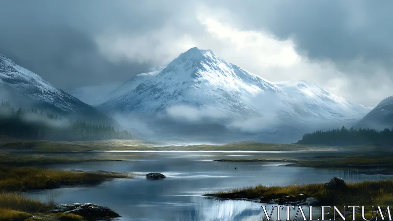 Gentle snowy mountain watching over a calm misty lake.