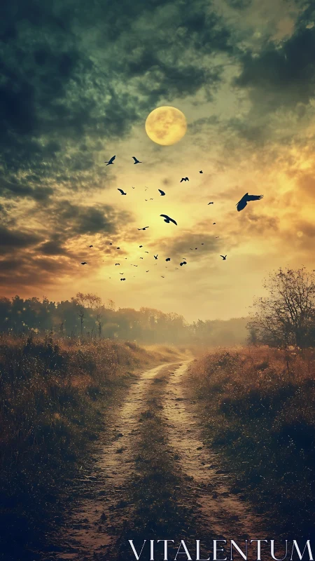 Moonlit dirt road cuts through autumn field at dusk glow.