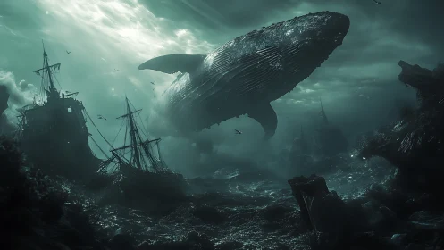 Colossal whale drifts above ghostly shipwreck graveyard.