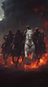 Armored riders charge through fire on dark warhorses.