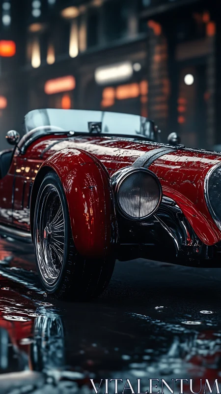 Red vintage roadster parked on wet city street at night.