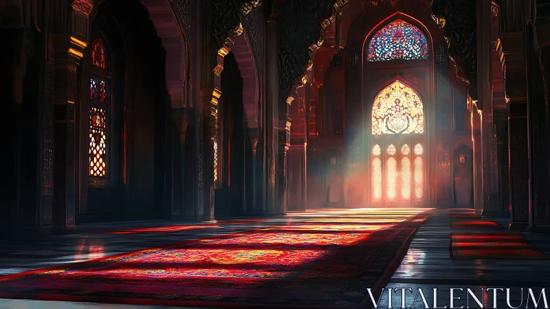Sunlit Persian hall with stained glass arches and carpets.