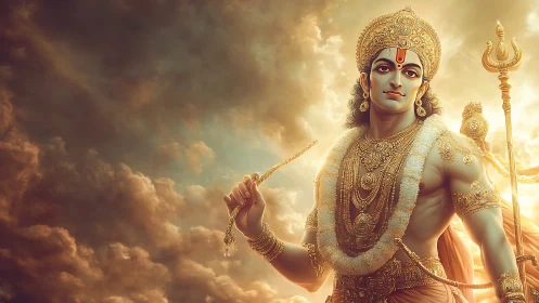 Divine warrior deity stands radiant against stormlit sky.