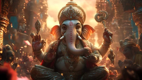 Intricately lit 3D Ganesha idol with ornate gold procedural detailing