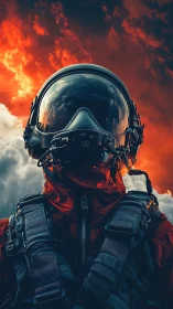 Skybound pilot silhouetted against blazing storm clouds.